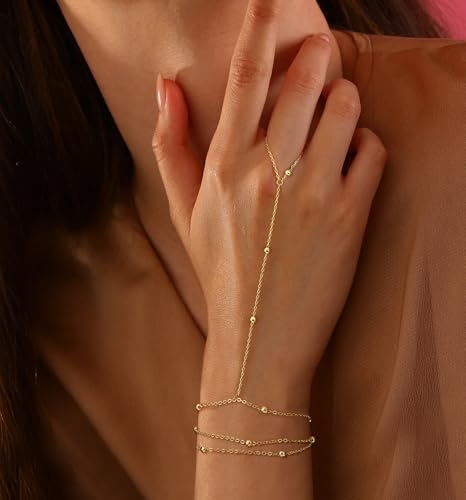 Moodear Dainty Gold Ring Hand Chain Bracelet - Trendy 14K Gold Plated Bead Satellite Cross CZ Hand Link Chain Bracelets for Women Simple Jewelry Gift2