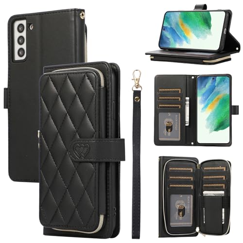Furiet Wallet Case for Samsung Galaxy S22 5G with Detachable Wrist Strap, 9+ Card Slots Zipper Purse, Luxury PU Leather Stand Full Body Cell Phone Cover for S 22 22S 4G G5 6.1 inch Women Girls Black