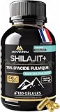 Shilajit+ Gélules Movezen Himalaya, 120 Gélules Véganes, Sans Goût, ≥75% d’Acide Fulvique, 1000 mg par Dose, Jusqu’à 120 Jours, Testé en Laboratoire Eurofins, Complément Alimentaire, Marque Française