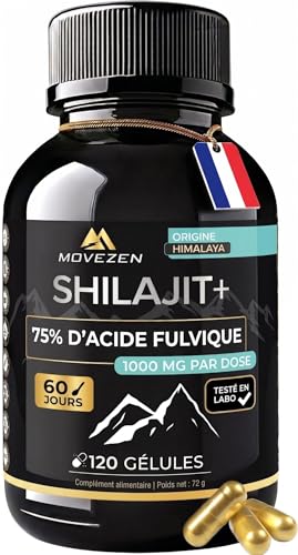 Shilajit+ Gélules Movezen Himalaya, 120 Gélules Véganes, Sans Goût, ≥75% d’Acide Fulvique, 1000 mg par Dose, Jusqu’à 120 Jours, Testé en Laboratoire Eurofins, Complément Alimentaire, Marque Française