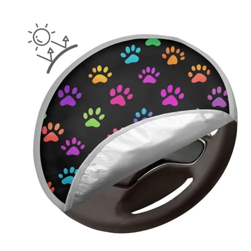 Image of Colorful Dog Paws Steering Wheel Sun Shade Cover Easy Installation Steering Wheel Cover Block UV Rays Cool Car Accessories Anti Slip Universal for Cars Truck SUV Van