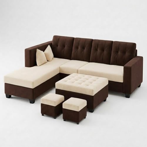Image of FURNY Nathan 8 Seater L Shape Sofa Set LHS (Dark Brown-Cream) | Suede Velvet Finish | Durable Comfort Sofa for Modern Living Room & Office Spaces