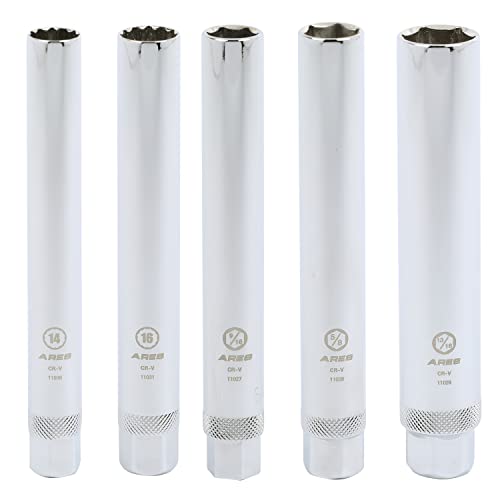 Ares 11026-5-Piece Extra Deep Spark Plug Socket Set – 3/8-Inch Drive Spark Plug Sockets - 6-Inch Length 6-Point And 12-Point Sockets – Includes Foam Storage Tray #TOP6