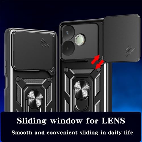 Image of Casodon Heavy Duty Back Case Cover for Oppo A5 Pro 5G, Shockproof Oppo A5 Pro Back Cover, Ring Case with Kickstand and Camera Protection Shutter - Black