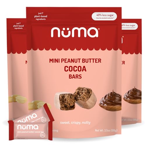 Image of Numa Mini Peanut Butter Cocoa Bars - Vegan, Low Sugar, High Protein, Natural, Gluten Free - Crunchy Plant Based PB Snacks - 3 Bags with 8 Individually Wrapped Chocolate Protein Bars