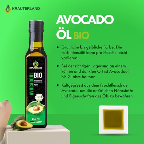 Foto von Kräuterland Bio Avocadoöl 2X250ml (500ml), Kaltgepresst, naturrein ohne Zusatzstoffe, Vegan & GVO-frei, geeignet für Haut & Haare, Premium Qualität