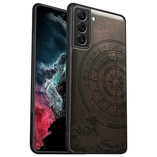 Coque Samsung S22 Plus en bois noir gravé Kanagawa vagues artisanales
