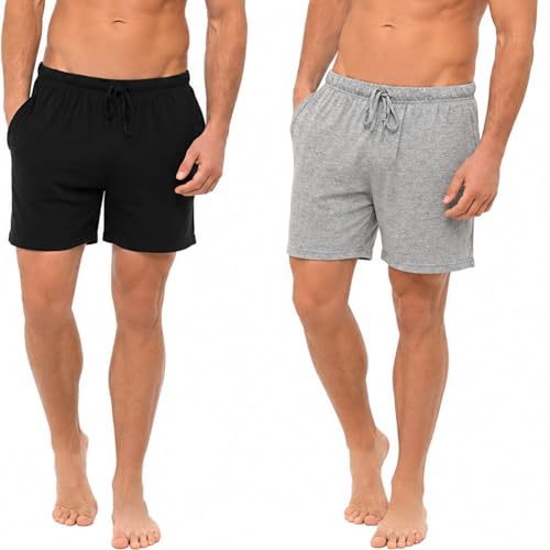 INSIGNIA Mens Pyjamas Lounge Shorts Bottoms 2 Pack (Black -Grey Marl M)