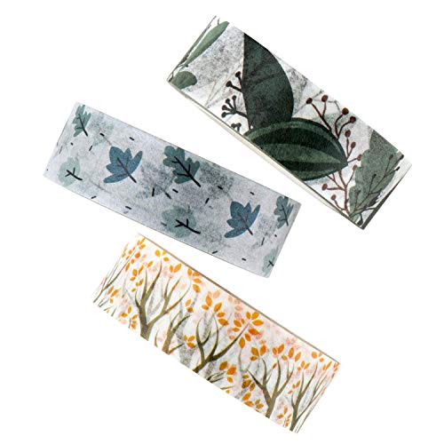 MAGJUCHE washi Tape Set – Decorative DIY Adhesive Sticky Masking Tapes, Leaves Design, Pretty Paper Stickers, 3 Rolls