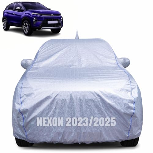 Image of 100% Waterproof Car Body Cover for Tata Nexon (2023-2025) with Mirror Pocket, Heat & UV Resistant, Triple Stitched, Soft Lining, Bottom Elastic & Piping (Silver Reflective)