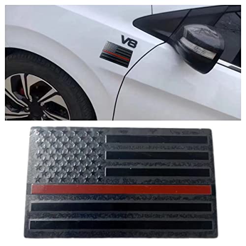 Image of 2 PCS Flag Badges 3D Embossed Stars Zinc Alloy Chrome Regular Orientation and Reverse Orientation,Patriotic Flag,for All Car, Truck or SUV(Black with Red line)
