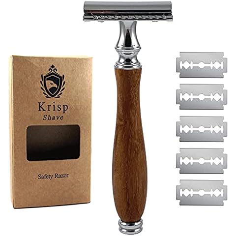 Krisp Shave (4.5 Inch) Long Wood Handle Safety Razor for Men Women - Double Edge Manual Razor - Fits All Double Edge Razor Blade - Comes With 5 Shaving Blades, Brown Cover