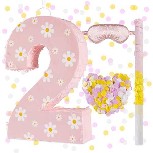 Daisy Birthday Decorations Daisy Number 2 Piata with Blindfold Stick Blindfold Confetti for Pink Flower Boho 2nd Birthday Party Supplies (Daisy 2)
