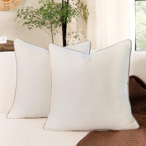 MATTINS Ivory Cotton Throw Pillow Covers 20x20 Set of 2, Solid Decorative Pillow Covers with Chenille Texture and Velvet Back, Neutral Farmhouse Cushion Covers for Sofa Couch Bedroom