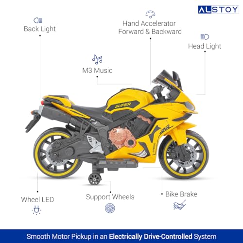 Image of Alstoy Kids RR Toy Bike with Rechargeable 12v Battery Operated Electric Ride-on Bike for Kids | BIS /ISI aproved | 6 Months All Electric Warranty | 5 to 12 Years | Large | Yellow