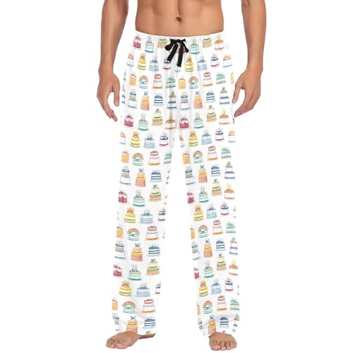 Mens Cotton Pajama Pants Sleep Lounge Pj Bottoms Sleepwear with Pockets Drawstring S Birthday Cake2