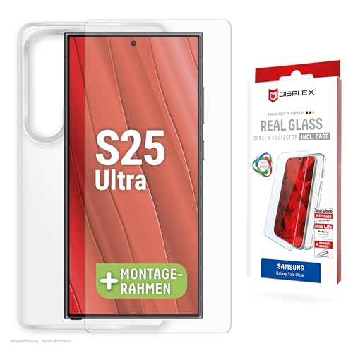 DISPLEX Verre de protection (10H) + coque de protection pour Samsung Galaxy S25 Ultra, cadre de montage écologique, coque en verre trempé, film de protection anti-rayures