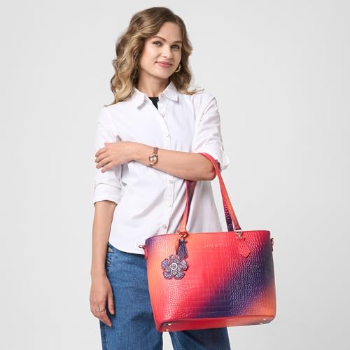 Image of Caprese Marilyn Large Tote Bag for Women | Multi-Color Ombre Croc Pattern Handbag with Flower Charm & 2 Specius Compartment | Adjustable & Detachable Strap Shoulder Bag for Travel & Office Use (Red)