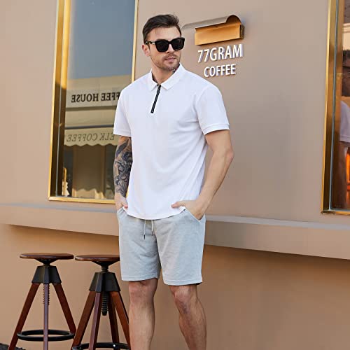 A Waterwang Men's Short Sleeve Polo Shirts Casual Slim Fit, Zipper Lapel Golf T-Shirts Basic Designed White M #TOP6
