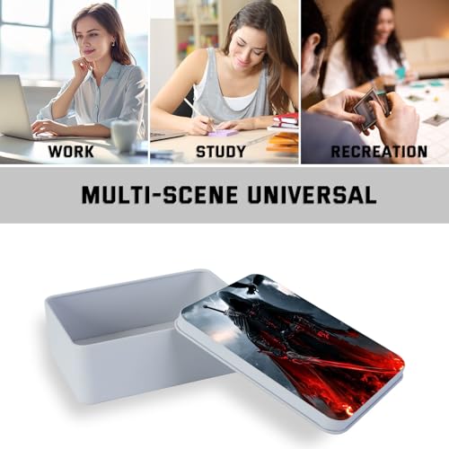 Image of Metal Tin Box with Lid,Multi-functional Storage Box Can Store Tea Biscuits Game Cards, Playing & Tarot Cards-Comes with 4 Magnetic Cord Clips,Dark Warrior with Red Sword