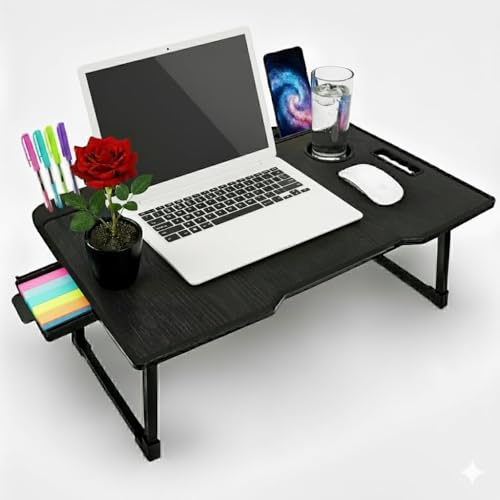Image of Wood Multipurpose Foldable Laptop Table with Cup Holder | Table Home Study Writing Table, Foldable and Portable /Ergonomic Edges Kids & Adults (TUL- BLACK-SHREE)