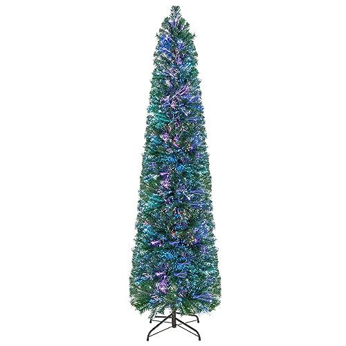 Goplus 7ft Fiber Optic Pencil Christmas Tree, Pre-Lit Artificial Slim Christmas Tree with Colorful...