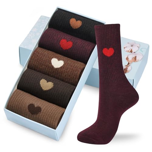 Image of Corlap Women's Cotton Crew Calf Socks - 5 Pairs Ankle High Dress Casual Socks, Fun Cute Heart Gifts for Mom Mother