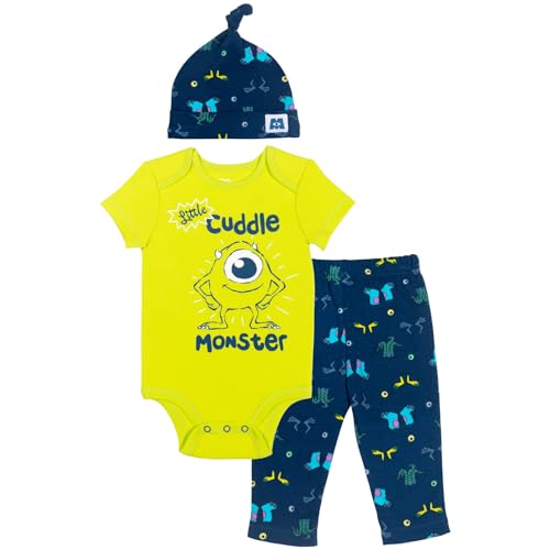 Image of Disney Pixar Toy Story Monsters Inc. Lion King Mickey Mouse Mike Baby Bodysuit Pants and Hat 3 Piece Set Newborn to Infant