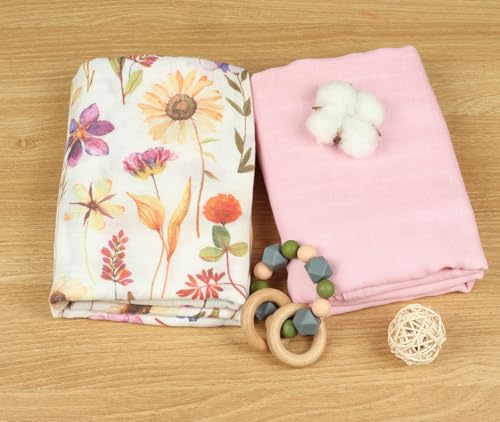 Image of Muslin Swaddle Blankets for Baby Girl, 2-Pack 70% Viscose from Bamboo and 30% Cotton Large Swaddle Blankets (47 inch x 47 inch), Solid Pink Color /Flower Print