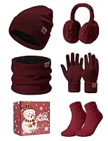 Niwicee Mütze Schal Handschuhe Damen Winter Set Fleece Gefütterte Wärmer Loop Schlauchschal Touchscreen Handschuhe Beanie Strickmütze Dicke Socken Plüsch Ohrenschützer Kombi Set 5 Stücke (Rot)