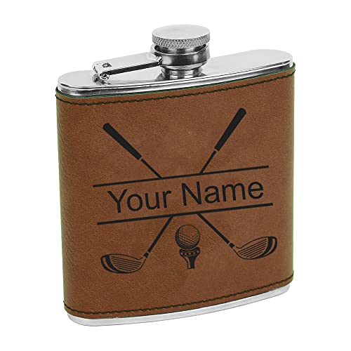 Personalized Golf Club Flask, Custom Golfing Birdie Juice Hip Faix Leather Leatherette Stainless Steel Metal Matte 6-Ounce Golf Bag Engraved Flask (Dark Brown)