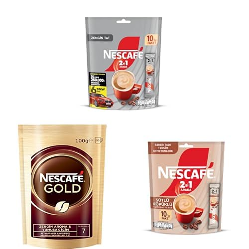 Nescafe 2'si 1 Arada Çözünebilir Kahve Karışımı 10'lu Paket x 3, Nescafé Gold Çözünebilir Kahve Ekopaket 100 g x 1, Nescafe 2si1 Arada Sütlü Köpüklü MP x 2