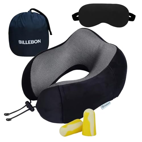 Image of Billebon Extra Soft Memory Foam Luxury Travel Neck Support Rest Pillow with Soft Washable & Removable Cover, Multipurpose Comfortable Travel Pillow for Airplane(Black Combo)