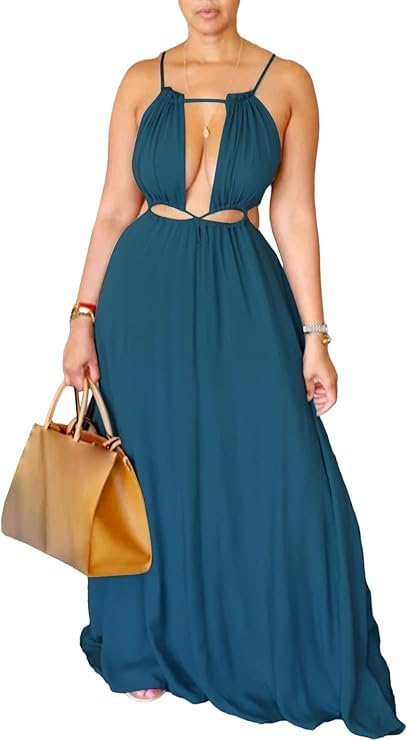 Image of Yeshire Womens Summer Spaghetti Strap Maxi Dress Sleeveless Sexy Cutout Drawstring Boho Beach Vacation Party Dresses