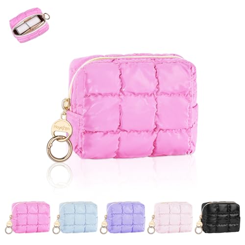 Playexen Puffy Mini Makeup Bag, Cute Quilted Small Cosmetic Bag for Purse, Portable Travel Makeup Pouch for Lipsticks, Chapsticks, Earphone, Credit Card, Birthday/Wedding/Christmas Gifts (Rose Red)