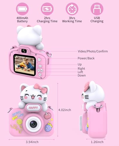Kids Camera Toys for Girls Age 3-8, VETEK Kids Digital Camera Toddler Camera for 3 4 5 6 7 8 Years Old Birthday Gifts, 1080P Video Camera withCute Protective Cover & 32GB SD Card, Pink