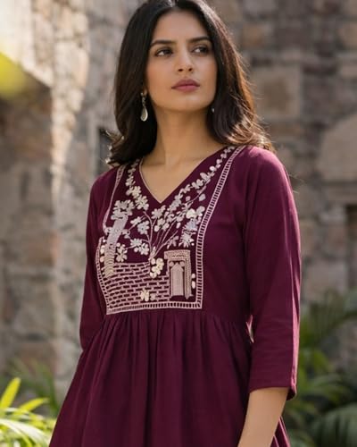 Image of Women's Rayon Kurti Set with Palazzo Pants | Embroidered V-Neck A-Line Short Kurti with 3 /4 Sleeves | Casual Ethnic Co-Ord Set for Daily Wear, Office & Festive