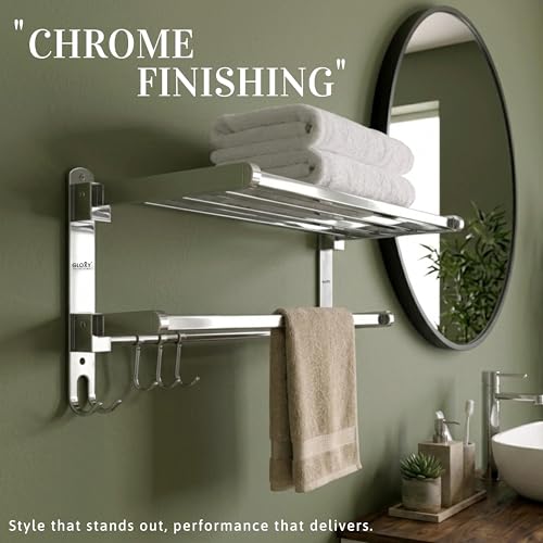 Image of GLOXY Premium 18 Inch Towel Rack for Bathroom - Chrome Finish Stainless Steel Folding Towel Hanger with Shelf - Wall Mounted Home Decor Towel Holder Rack Shelf Bathroom Fittings Accessories Set