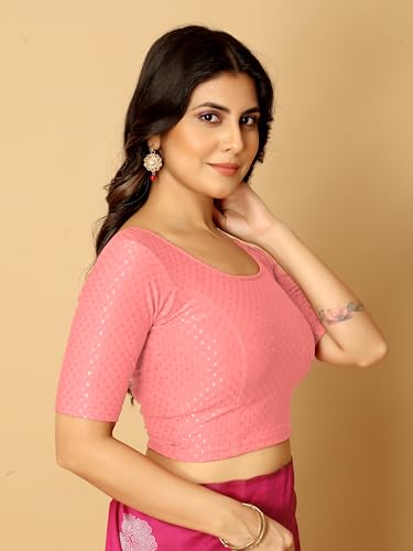 Image of Amazon Brand - Anarva Round Neck Dobby Cotton Lycra Stretchable Elbow Half Sleeve Readymade Saree Blouse for Women Stylish
