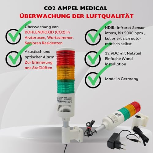 Schabus CO2 Ampel Medical zur Überwachung der Luftqualität und Erinnerung zum Lüften von Arztpraxen, Krankenhäusern, Altenheimen, Detektiert Kohlendioxid (CO2) aus verbrauchter Luft