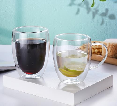 2個 ダブルウォール グラスカップ 二重構造カップ 高硼珪酸塩カップ 二重グラス 耐熱ガラス 真空断熱 保温保冷マグカップ コーヒー カプチーノ 飲料 ミルク ジュース 電子レンジ対応 耐熱 食器 オフィス ギフト ガラス食器 食洗機対応 冷凍庫可 (ハン