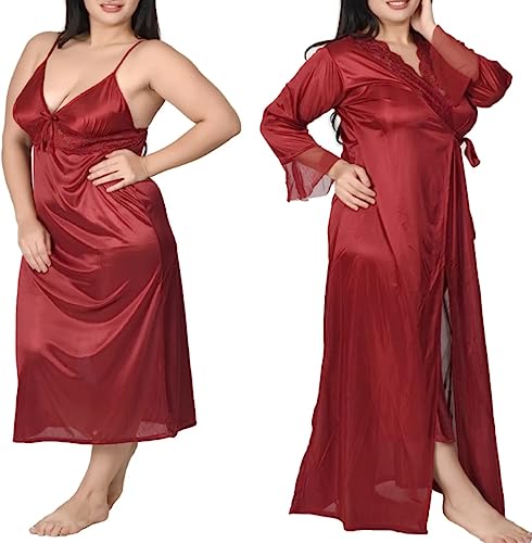 Image of Women's Satin Solid Maxi Nighty Full Sleeve 1 Nighty, 1 Wrap Gown Night Dress Ladies