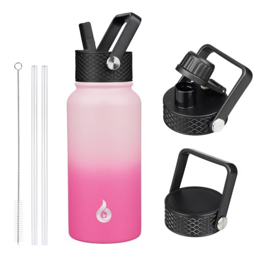 Image of BJPKPK Insulated Water Bottles with Straw Lid, 27oz Stainless Steel Water Bottle with 3 Lids, Leak Proof BPA Free Metal Thermo, Mugs, Tumblers, Keep Cold Hot -Cherry