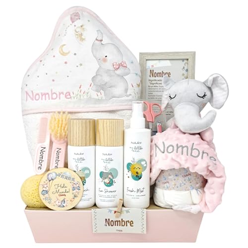 Mababyshop Mi Capa de Baño Naay - Canastilla de Bebé Personalizada con Capa de Baño, Dou Dou, Set de Cosmética Naay y Cepillo y Peine Personalizados - Regalo Ideal para Recién Nacidos (Rosa)
