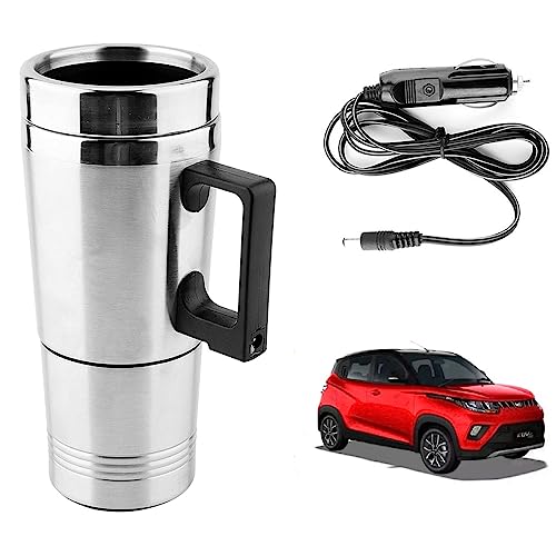 Image of Oshotto 12V Stainless Steel Car Heating Kettle /Mug, Travel Friendly electric Tea /Coffee maker Compatible with Mahindra KUV-100 (300ml) - Silver