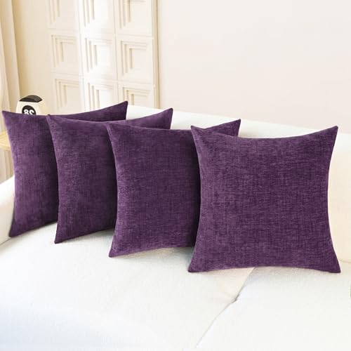 Image of CaliTime Throw Pillow Covers Decorative 18 X 18 Inches Pack of 4 Cozy Chenille Cushion Cases for Couch Sofa Bed Living Room Home Plum Purple