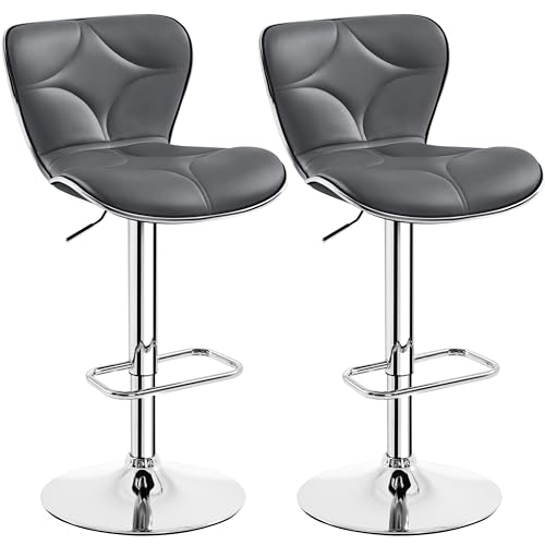Yaheetech Juego de 2 Taburetes Altos de Bar Diseño Moderno de Cocina Altura Ajustable con Respaldo como Concha de Mar 360° Giratorio Gris Oscuro