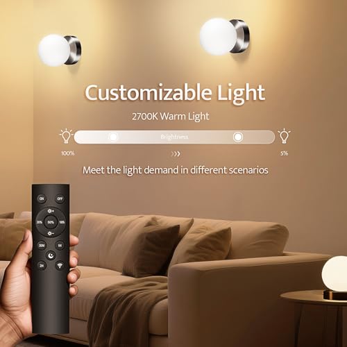 Image of Battery Operated Wall Sconce, Dimmable Wireless Brushed Nickel Wall Lamp with 5200mAh Rechargeable Battery, Portables Cordless Wall Light Fixtures for Painting Living Room Bedroom Hallway