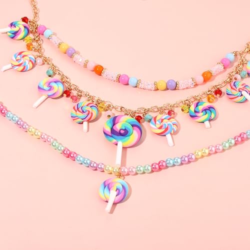 Lollipop Candy Layered Necklaces for Women Novelty Colorful Crystal Beads Sweet Candy Lollipop Cake Pendant Choker Necklace Cute Funny Birthday Halloween Holiday Party Jewelry Gift4