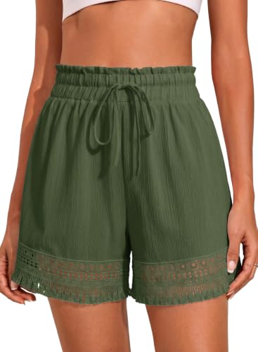Dokotoo Tassel Shorts for Women Trendy Summer Shorts 2026 Casual Beach Elastic Waist Plus Size Embroidery Short Fashion Lace Boho Beach Short Green X-Large